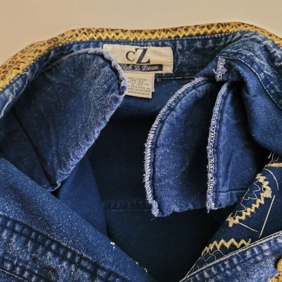 CZ Club Z Womens Blue Denim Animal Patchwork Studded Button up VTG 22 24 - Picture 7 of 12